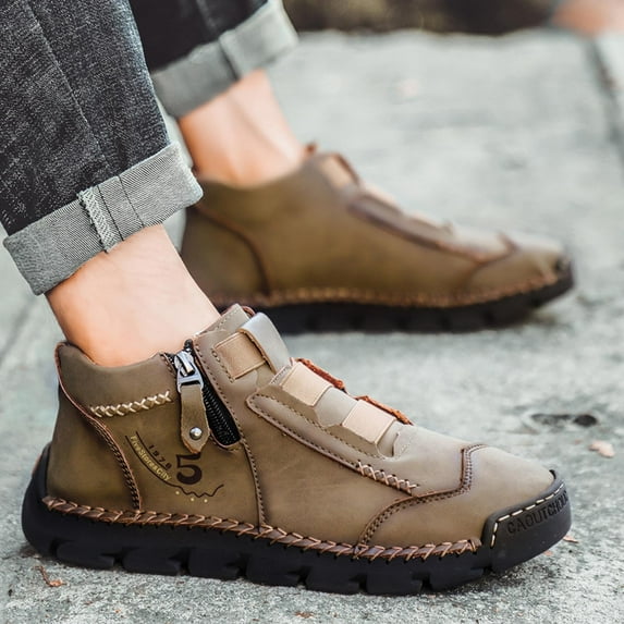 EQWLJWE Mens Leather Comfortable Shoes Hand Stitching Zipper Non-Slip Casual Shoes Loafer Boat Sneaker