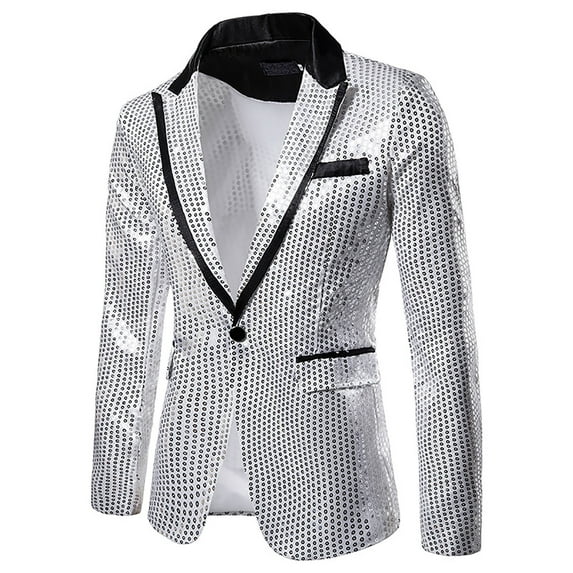 EQWLJWE Mens One Button Sequin Dress Suit Jacket Party Festival Tuxedo Sport Coat Nightclub Party Performance Suit Coat Gift for Husband Silver XL