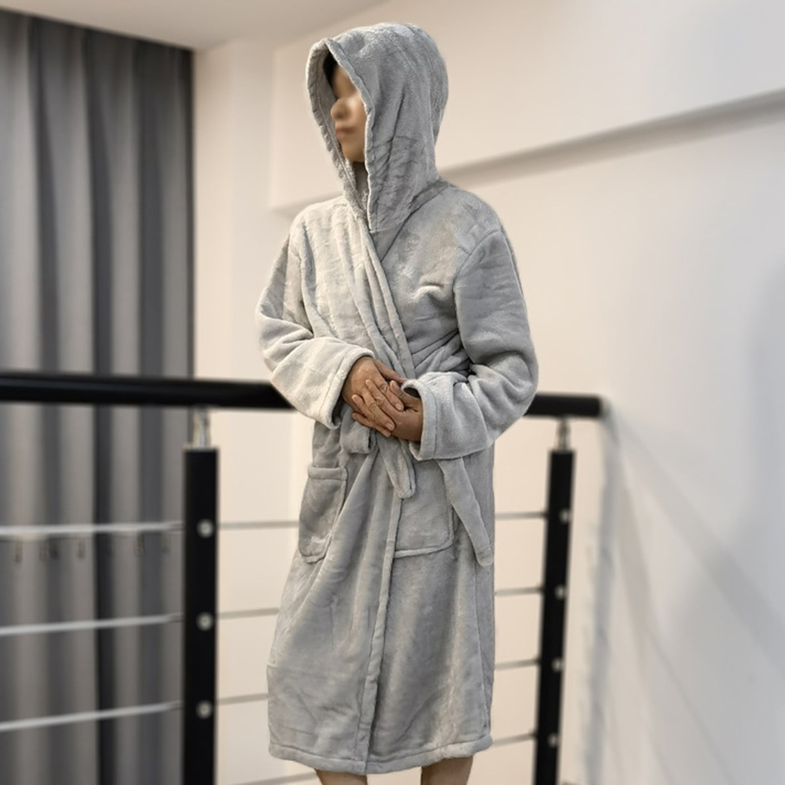 Frontwalk Mens Bath Robes Long Sleeve Wrap Robe Hooded Dressing Gown Winter  Stitching Towelling Solid Color Nightwear Gray White S - Walmart.com