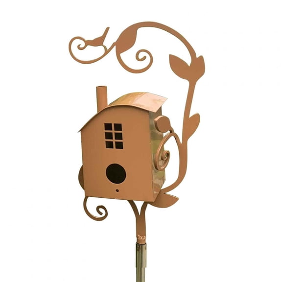 SDJMa Metal Bird House with Pole, Handmade Copper Cottage Bird House Stakes, Metal Bird Houses for Courtyard Backyard Patio Outdoor Garden Decor, Resting Place for Birds, Hummingbird House