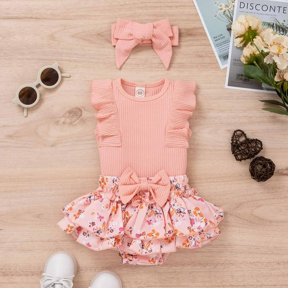 EQWLJWE Newborn Baby Girl Clothes Stripe Romper Sleeveless Dress Cute Lace Ruffles Bodysuit Toddler Baby Girl Summer Outfits for School (Pink,0-3 months)