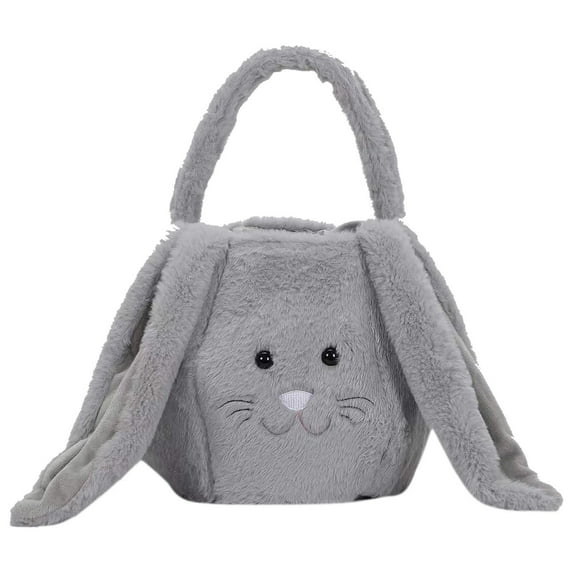 EQWLJWE Personalized Easter Bunny Basket Plush Rabbit Ears Baskets with Handle Fluffy Rabbit Bucket Egg Bag Gifts for Kids Baby Girl Boy Easter Decor, Gray