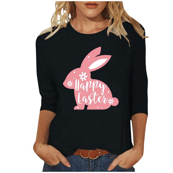 EQWLJWE Plus Size Easter Tops for Women Summer Crewneck 3/4 Sleeve Tees Cute Bunny Graphic T Shirt Loose Blouses Shirt Spring Clothes for Dating Going Out Workout (Black,2XL)