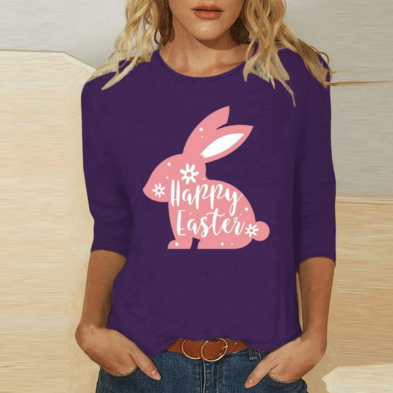 EQWLJWE Plus Size Easter Tops for Women Summer Crewneck 3/4 Sleeve Tees Cute Bunny Graphic T Shirt Loose Blouses Shirt Spring Clothes for Dating Going Out Workout (Purple,S)