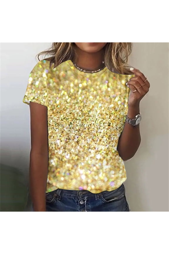 Plus Size Sequin Tops for Women Summer Charming Short Sleeve Round Neck Shimmer Glitter Dressy Tops Sparkly Shirt Concert Disco Party Tees New Year's Eve Gifts (Light Gold,S-6Xl)
