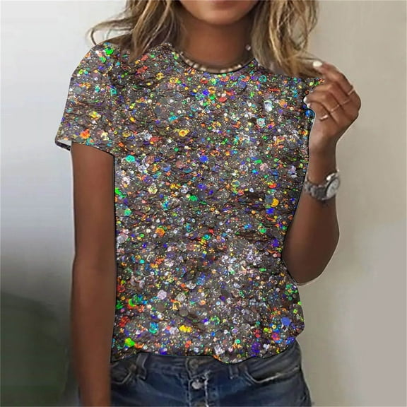 EQWLJWE Plus Size Sequin Tops for Women Summer Charming Short Sleeve Round Neck Shimmer Glitter Dressy Tops Sparkly Shirt Concert Disco Party Tees New Year's Eve Gifts (Multicolor,S-6Xl)