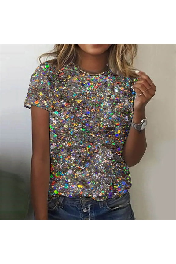 Plus Size Sequin Tops for Women Summer Charming Short Sleeve Round Neck Shimmer Glitter Dressy Tops Sparkly Shirt Concert Disco Party Tees New Year's Eve Gifts (Multicolor,S-6Xl)