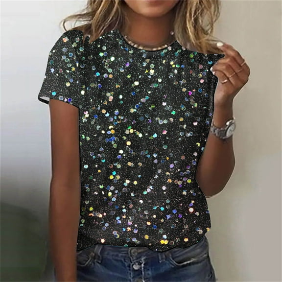 EQWLJWE Plus Size Sequin Tops for Women Summer Charming Short Sleeve Round Neck Shimmer Glitter Dressy Tops Sparkly Shirt Concert Disco Party Tees New Year's Eve Gifts (Black,S-6Xl)