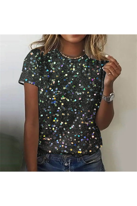 Plus Size Sequin Tops for Women Summer Charming Short Sleeve Round Neck Shimmer Glitter Dressy Tops Sparkly Shirt Concert Disco Party Tees New Year's Eve Gifts (Black,S-6Xl)