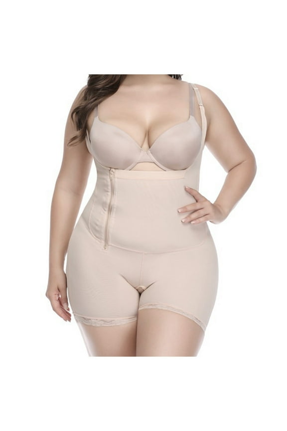 Plus Size Shapewear for Women Casual U-Neck Vest Zipper Surgeries Lace Stitching Compression Garment Shapewear Bodysuit Beige(S-6Xl)