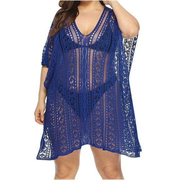 EQWLJWE Plus Size Swimsuit Cover Ups for Women,V Neck Short Sleeve Hollow Out Split Loose Beach Bathing Suit Cover Up Gift Blue Free Size