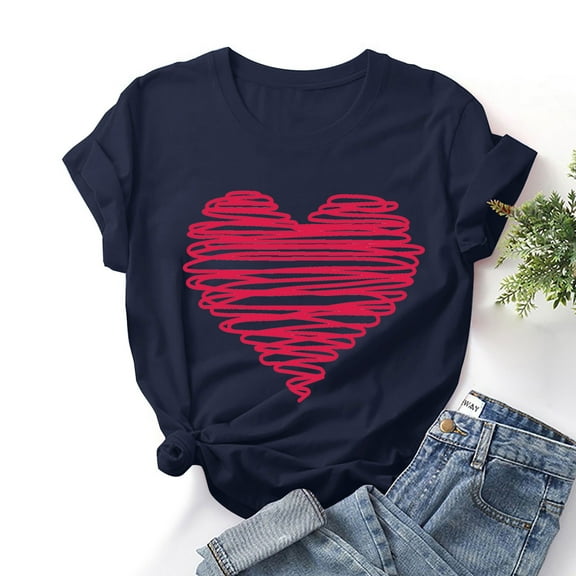 EQWLJWE Plus Size Valentine's Day Shirts for Women Cute Love Heart Print Graphic Solid Color Short Sleeve Pullover Tees Teacher Valentine Shirt Summer Casual Tops Navy(S-3Xl)
