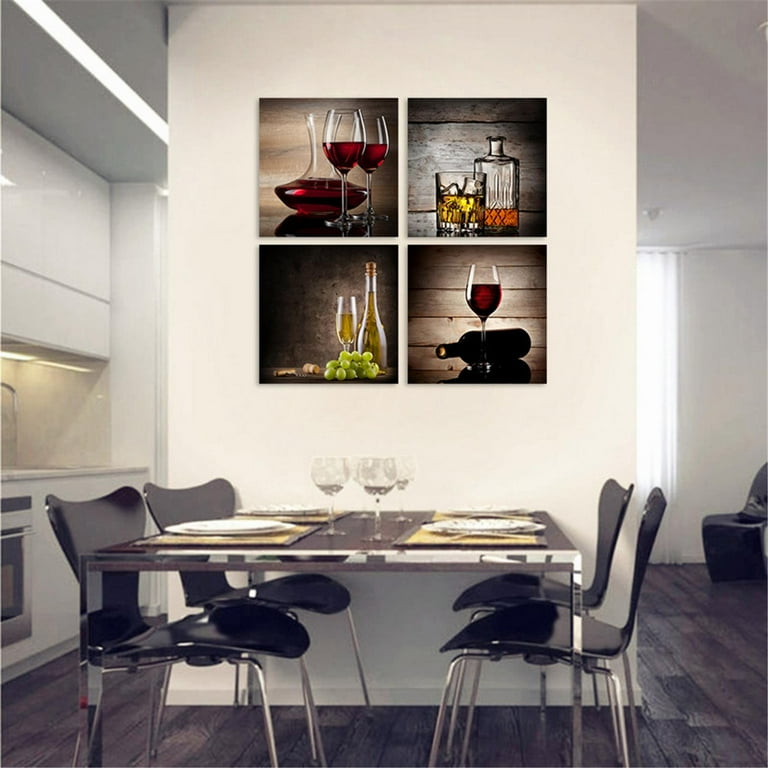EQWLJWE Red Wine Cups Modern Kitchen Wall Art Dinning Room Wall Decor Set of 4 Abstract Canvas Prints Artwork Contemporary Vintage Pictures Paintings