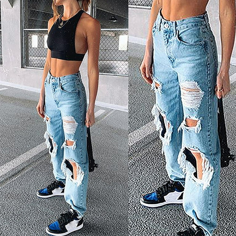 Women Girls High Waisted Baggy Ripped Jeans Boyfriend Large Denim Pants  Baggy Straight Jeans Streetwear