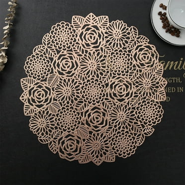 EQWLJWE Round Placemats for Dining Table Metallic Pressed Vinyl Table Mats Hollow Out Blooming Rose Place Mats for Banquet Wedding Accent Centerpiece