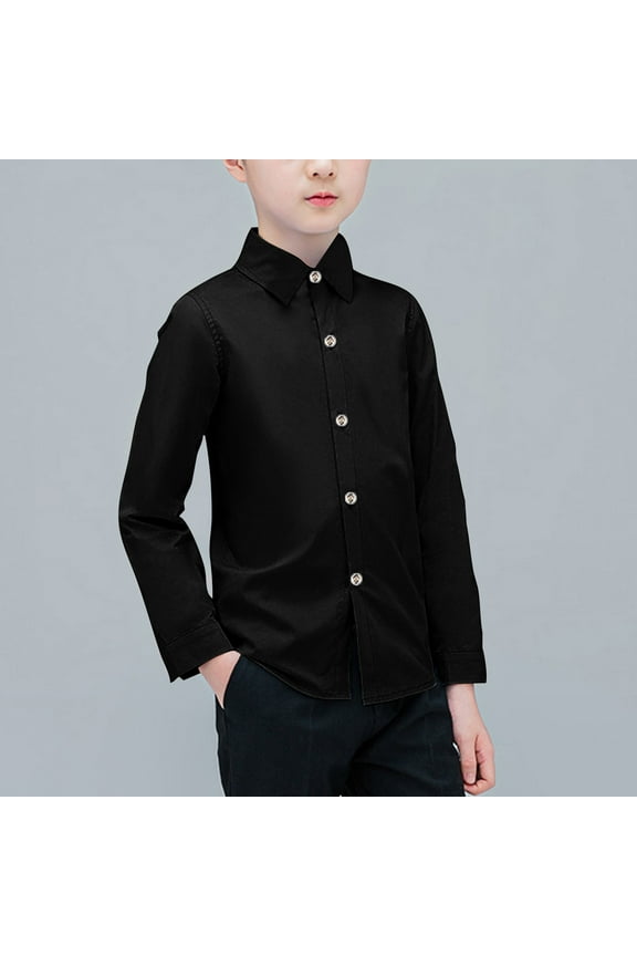 School Shirts for Boys Casual Solid Color Long Sleeve Lapel Collar Button Down School Uniform Dress Shirt for First Day of School Stage Performance (Black,2-13 Years)
