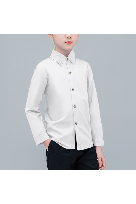 School Shirts for Boys Casual Solid Color Long Sleeve Lapel Collar Button Down School Uniform Dress Shirt for First Day of School Stage Performance (White,2-13 Years)