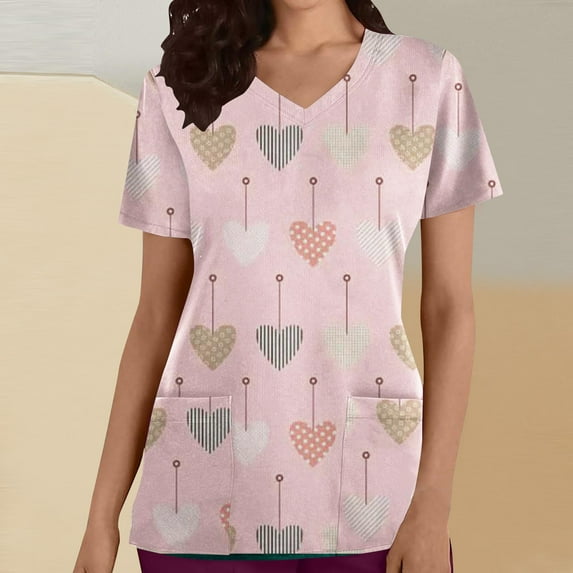 EQWLJWE Scrubs Top for Women Heart Print 2 Pocket V-Neck Nursing Scrubs Women's Scrub Top