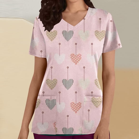 EQWLJWE Scrubs Top for Women Heart Print 2 Pocket V-Neck Nursing Scrubs Women's Scrub Top