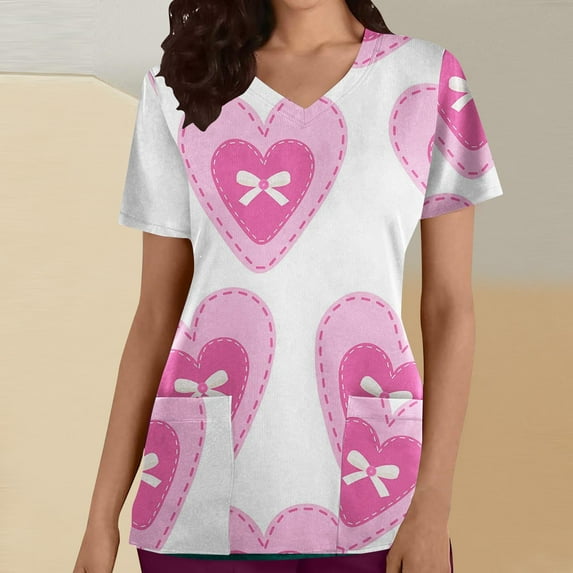 EQWLJWE Scrubs Top for Women Heart Print 2 Pocket V-Neck Nursing Scrubs Women's Scrub Top