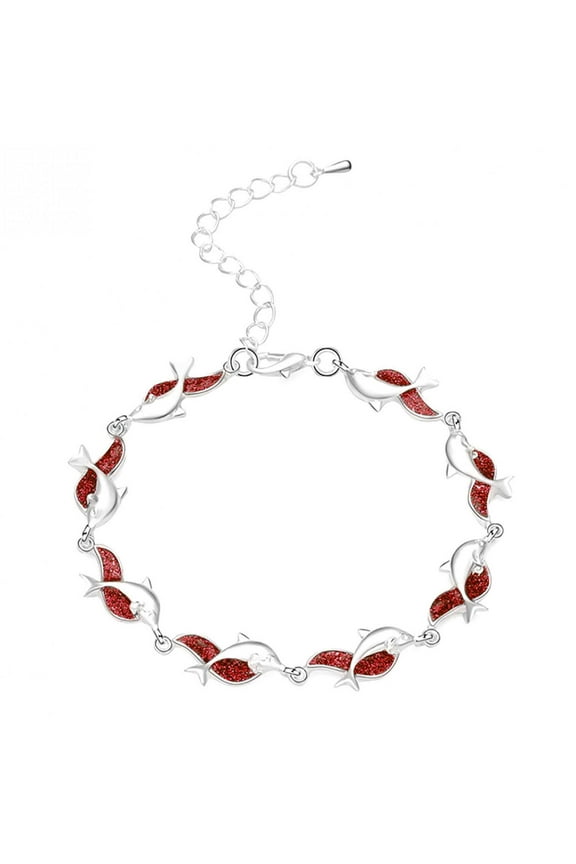 EQWLJWE Sea Turtle Hawaiian Red Gemstone Charm Bracelet, Sterling Silver, 8.5"