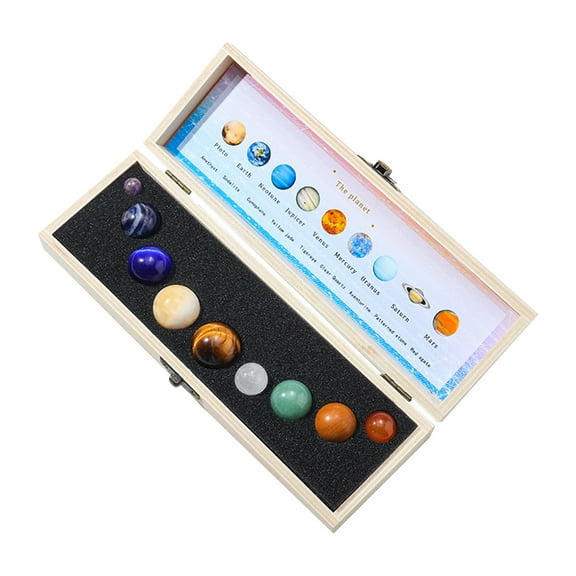 EQWLJWE Solar System 9 Planets, Natural Gemstone Crystal Ball Set, Galaxy Universe Healing Crystals with Wooden Box, Creative Gift Home Office Desk Decorations Mini Size Clearance