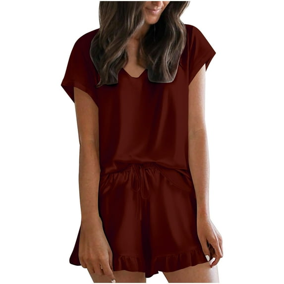 EQWLJWE Stain Pajamas Set for Women Short Sleeve V Neck Loose Pullover with Ruffled Shorts Two Piece Pj Sets Gift for Mom Coffee XL
