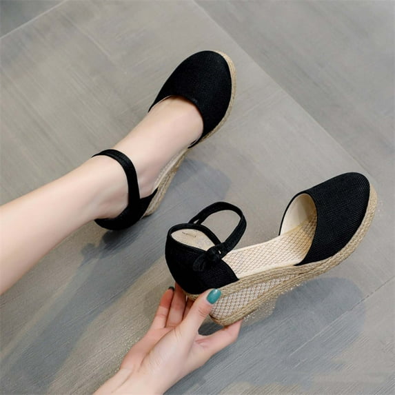 EQWLJWE Strappy Sandals for Women Vacation Sandals Trendy Solid Color Wedge Sandals Vintage Closed Toe Low Heel Ankle Strap Platform Sandals for Outdoor Activities