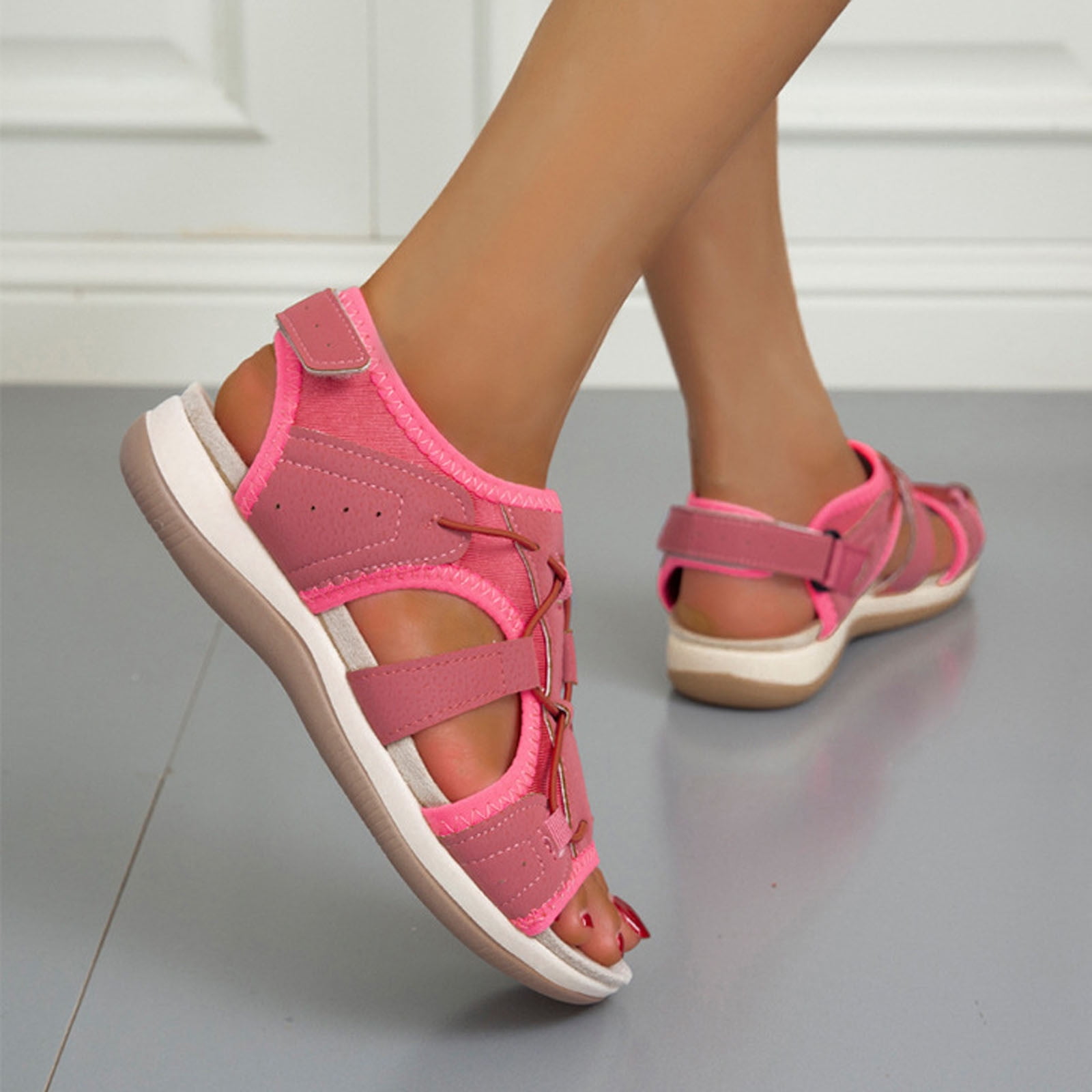 EQWLJWE Strappy Sandals for Women s Solid Color Open Toe Ankle Strap Flat Sandals Casual Breathable Slip On Walking Sandals for Outdoor Activities Walmart