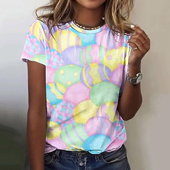 EQWLJWE Summer Cute Tops for Women Casual Crewneck Fun Easter Eggs Printed Short Sleeve Loose Fit Going Out Tops Tees for School College Library Pink(S-2XL)