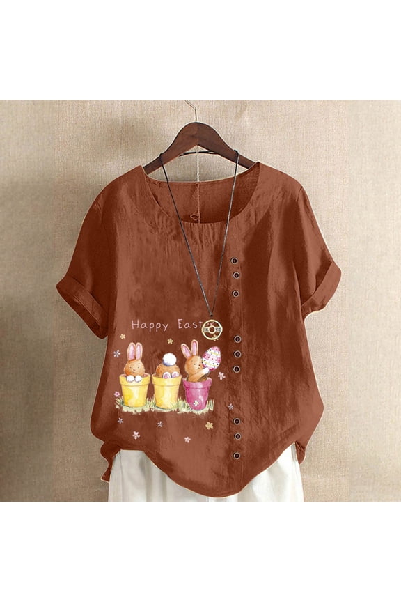 Summer Womens Easter Print Tops Loose Solid Color Short Sleeve Crew Neck Lightweight Shirts Plus Size Casual Blouse Outwear Coffee(S-5Xl)