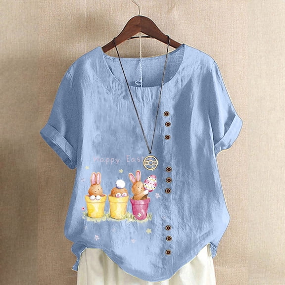 EQWLJWE Summer Womens Easter Print Tops Loose Solid Color Short Sleeve Crew Neck Lightweight Shirts Plus Size Casual Blouse Outwear Light Blue(S-5Xl)