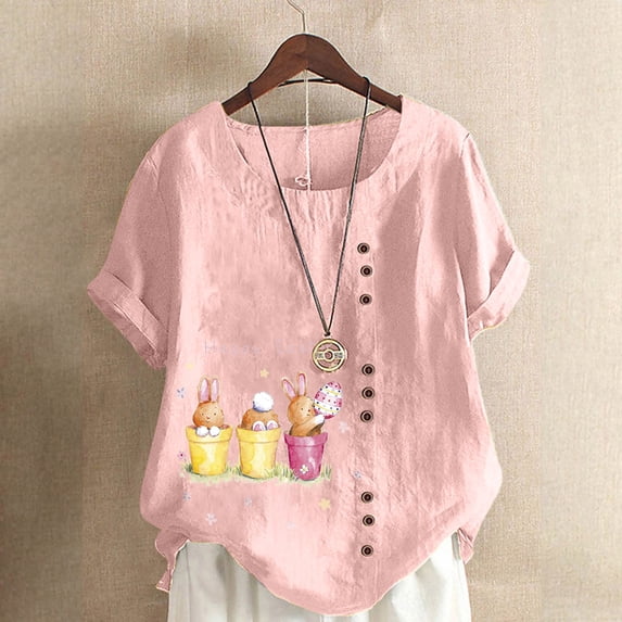 EQWLJWE Summer Womens Easter Print Tops Loose Solid Color Short Sleeve Crew Neck Lightweight Shirts Plus Size Casual Blouse Outwear Pink(S-5Xl)