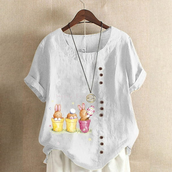 EQWLJWE Summer Womens Easter Print Tops Loose Solid Color Short Sleeve Crew Neck Lightweight Shirts Plus Size Casual Blouse Outwear White(S-5Xl)