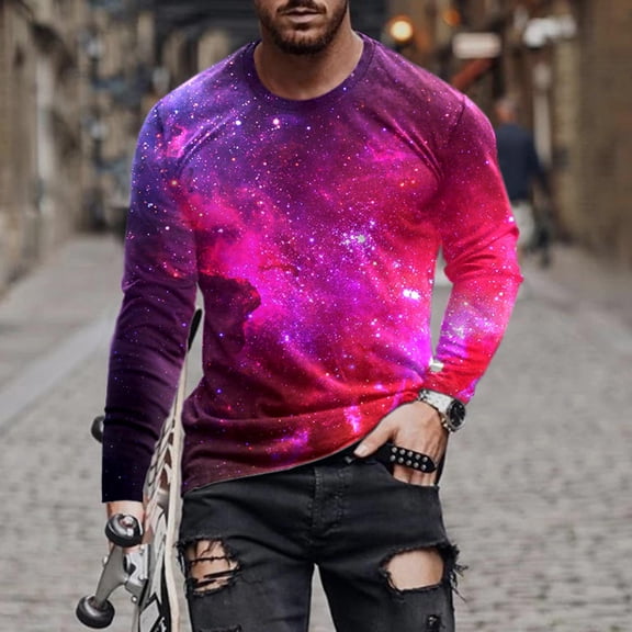 EQWLJWE T-Shirts for Men Men Long Sleeve Printing Round Neck Pullover T Shirt Blouse