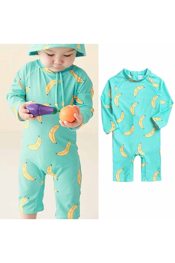 Toddler Boys Girls One Piece Swimsuit Swimwear Summer Cartoon Zip Up Long Sleeve Sun Protection Rash Guard Bathing Suit for Ocean Beach Pool Green(9Months-5Years)