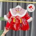 thumbnail image 1 of EQWLJWE Toddler New Year Qipao Dress Delicate Red Embroidery Long Sleeved Pleated Traditional Dress with Chinese Style Hair Clips for Wedding Birthday Holiday Party(18M-4Y), 1 of 5