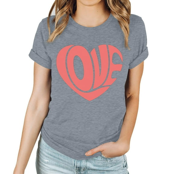 EQWLJWE Valentine's Day Shirts for Women Trendy Love Heart Graphic Tees Tops Cute Valentines Gift Shirt Short Sleeve Tshirts for Everyday Wear Dark Gray(S-3XL)
