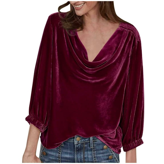 EQWLJWE Velvet T Shirts for Womens Fall 3/4 Sleeve Loose Pullover Cowl Neck Drape Ruched Front Solid Color Blouses Tops Gift Hot Pink XL