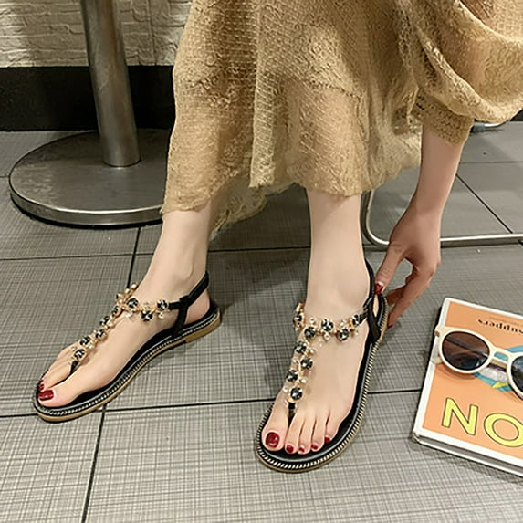 EQWLJWE Walking Sandals Women Thong Sandals Elastic T Strap Flip Flops Flats Ladies Vintage Summer Low Heel Sandals Casual Flat Shoes for Wedding Prom