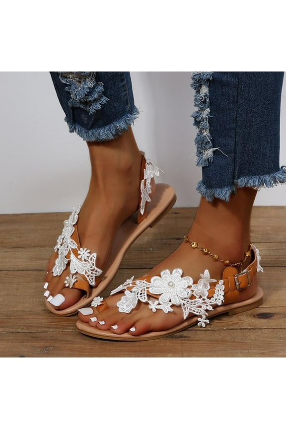 EQWLJWE Waterproof Sandals for Women's Sandals Flat Clip Toe Lace Floral Beach Flip Flop Comfy Shoes Elegant Toe Ring Sandal for Home Leisure
