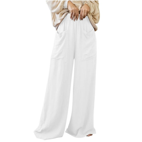 EQWLJWE Wide Leg Linen Pants for Women Summer Elastic Waist Lightweight Flowy Beach Pants with Pockets White S