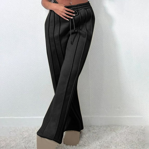 EQWLJWE Wide Leg Sweatpants for Women Casual Solid Color Vertical Stripe High Waist Loose Elastic Drawstring Pocket Pants for Work Office School Black(S-L)