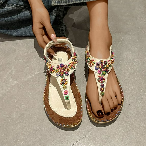 EQWLJWE Wide Width Sandals for Womens Flip Flops Summer Flats Sandals with Ankle T-Strap Thong Elastic Beach Sandal Slip On Walking Shoes Mother's Day Gifts
