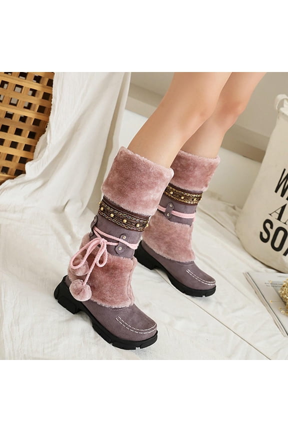 Women Boots Slip-on Snow Boots Velvet Cotton Boots Warm Solid Cotton Shoes Plush Ball Ethnic Knight Boots Women's Snow Boots Holiday Clearance