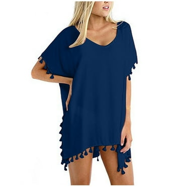 EQWLJWE Women Chiffon Tassel Swimsuit Cover Up,Solid Color Short Sleeve Beach Dress Loose Fit Bikini Cover Up for Vacation Gift Navy One Size