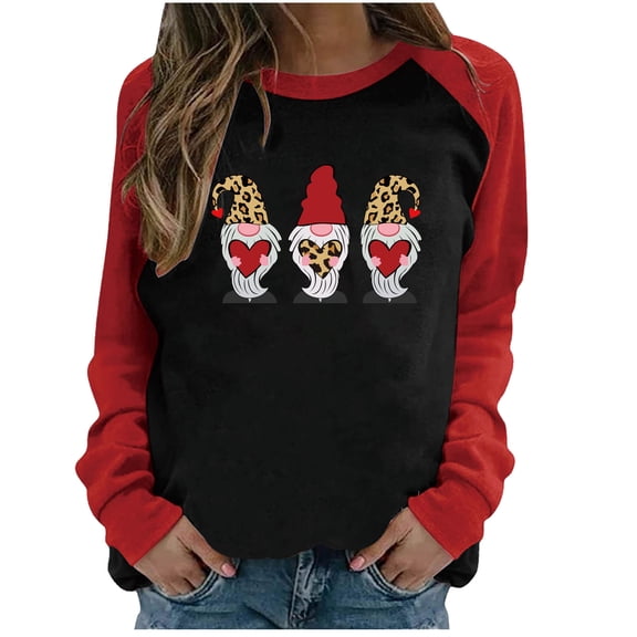 EQWLJWE Women Crewneck Long Sleeve Oversized Gnomes Graphic Fall Sweatshirts Plaid Leopard Love Heart Printed Tunic Tops