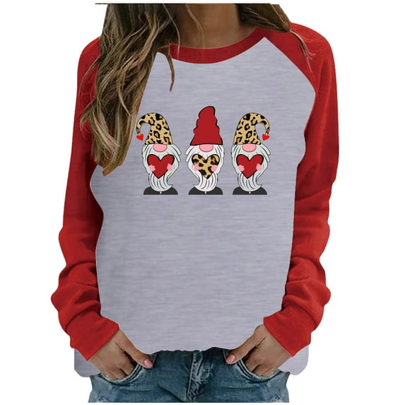 EQWLJWE Women Crewneck Long Sleeve Oversized Gnomes Graphic Fall Sweatshirts Plaid Leopard Love Heart Printed Tunic Tops