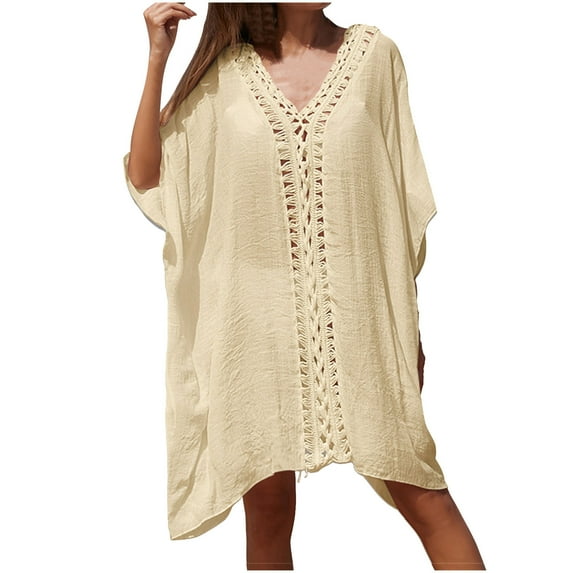 EQWLJWE Women Crochet Cover Up Summer Hollow Out Bathing Suit Cover Ups Loose Fit Bikini Beach Dress Gift Beige Free Size