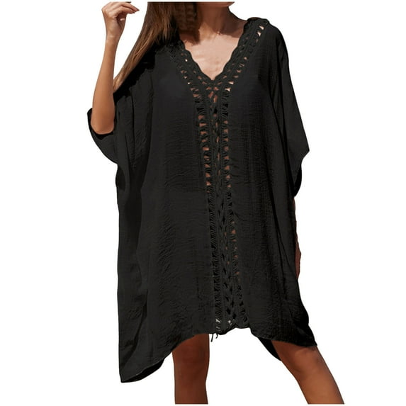 EQWLJWE Women Crochet Cover Up Summer Hollow Out Bathing Suit Cover Ups Loose Fit Bikini Beach Dress Gift Black Free Size